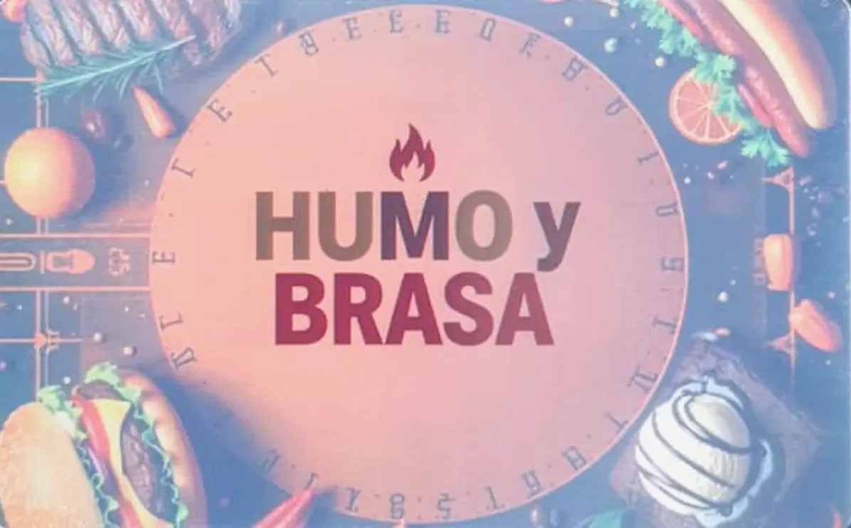 Tarjeta NFC de Humo y Brasa, restaurante, con logo de llama sobre fondo con ilustración de comida a la parrilla